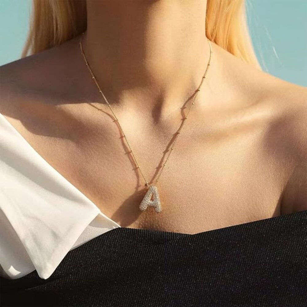 18K Gold Plated Initial A Pendant Bubble Balloon Bling Letter Necklace